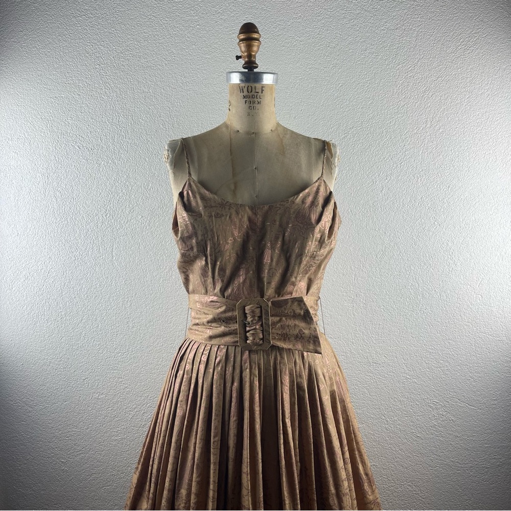 Vintage l 50s S Shaheen Hand-Printed Metallic Novelty Rockabilly Fit Flare Dress